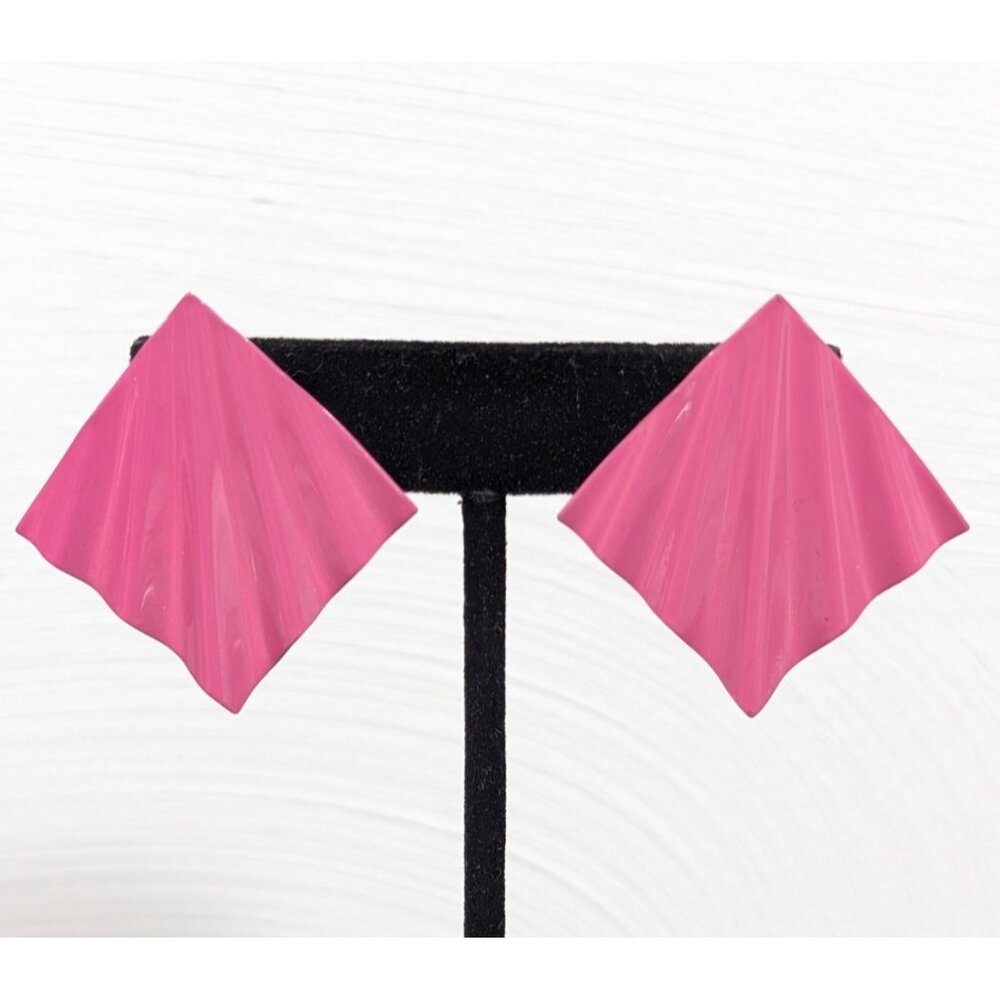 Vintage 80s Hot Pink Wavy Fan Statement Pierced Earrings Geometric